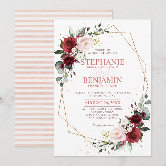 Romantic Watercolor Burgundy Floral Geometric Invitation (Front/Back)