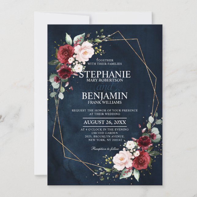 Romantic Watercolor Burgundy Floral Geometric Invitation (Front)