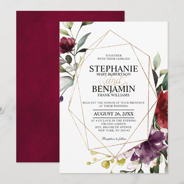 Romantic Watercolor Burgundy Floral Geometric Invitation (Front/Back)