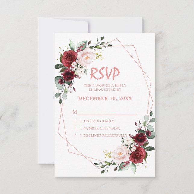 Romantic Watercolor Burgundy Floral Geometric Rose RSVP Card (Front)