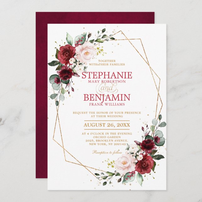 Romantic Watercolor Burgundy Floral Gold Geometric Invitation (Front/Back)