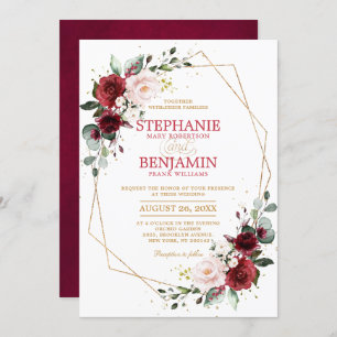Romantic Watercolor Burgundy Floral Gold Geometric Invitation