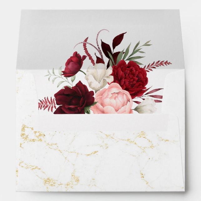 Romantic Watercolor Burgundy Floral Wedding   Envelope (Back (Bottom))