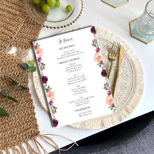 Romantic Watercolor Burgundy Floral Wedding Menu