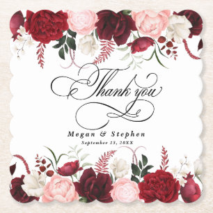 Romantic Watercolor Burgundy Floral Wedding  Paper Coaster
