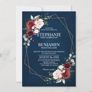 Romantic Watercolor Burgundy Navy Floral Geometric Invitation