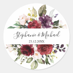 Romantic Watercolor Burgundy Red Blush Rose Floral Classic Round Sticker