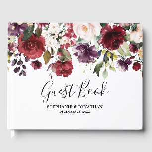 Romantic Watercolor Burgundy Red Blush Rose Floral Guest Book