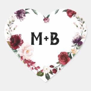 Romantic Watercolor Burgundy Red Blush Rose Floral Heart Sticker