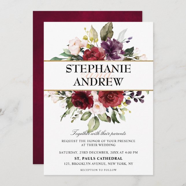 Romantic Watercolor Burgundy Red Blush Rose Floral Invitation (Front/Back)