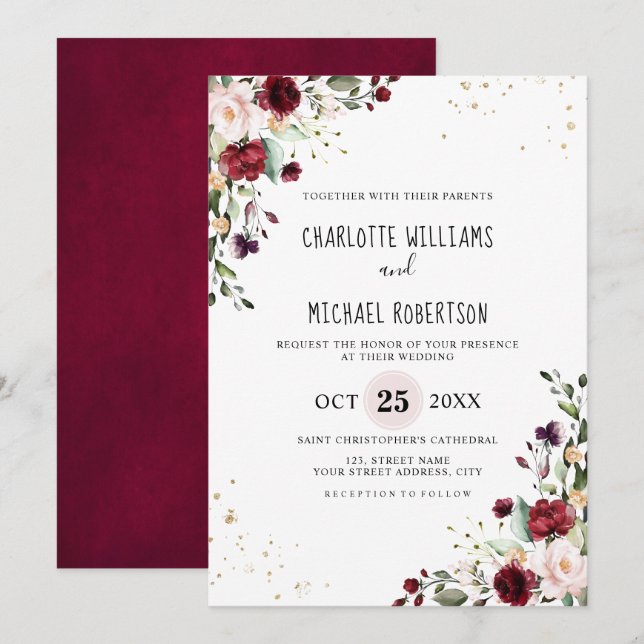 Romantic Watercolor Burgundy Red Blush Rose Floral Invitation (Front/Back)
