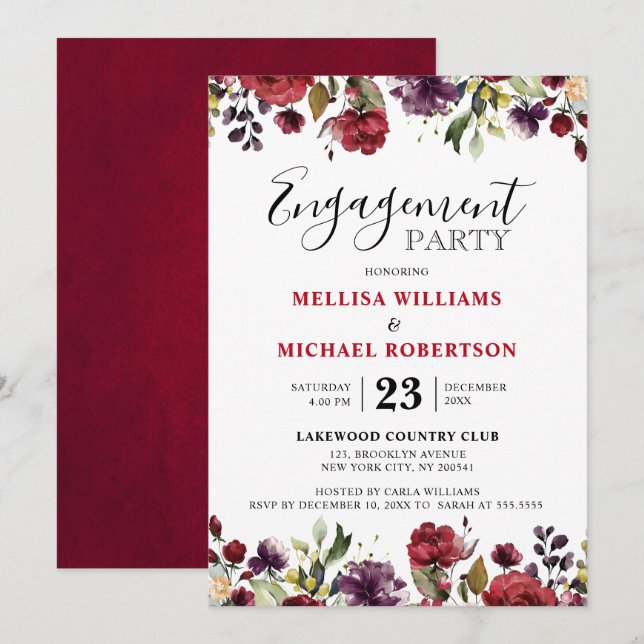 Romantic Watercolor Burgundy Red Blush Rose Floral Invitation (Front/Back)