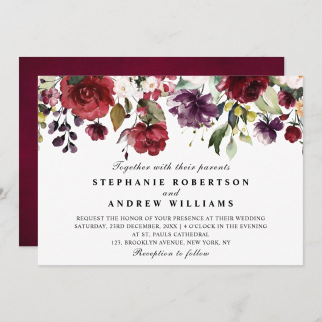 Romantic Watercolor Burgundy Red Blush Rose Floral Invitation (Front/Back)