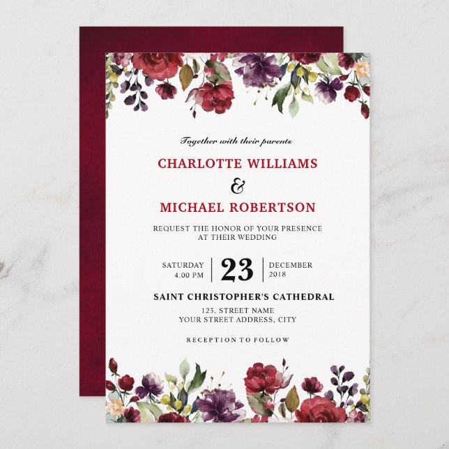 Romantic Watercolor Burgundy Red Blush Rose Floral Invitation (Front/Back)