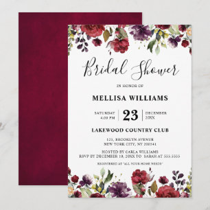 Romantic Watercolor Burgundy Red Blush Rose Floral Invitation