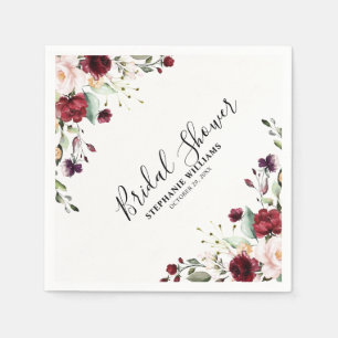 Romantic Watercolor Burgundy Red Blush Rose Floral Napkin