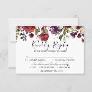 Romantic Watercolor Burgundy Red Blush Rose Floral RSVP Card