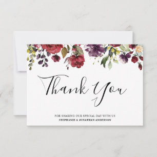 Romantic Watercolor Burgundy Red Blush Rose Floral Thank You Card