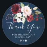 Romantic Watercolor Burgundy Red Navy Floral Classic Round Sticker<br><div class="desc">Elegant and modern romantic watercolor floral wedding thank you sticker features a bouquet of burgundy / Marsala , blush pink, peach watercolor roses with matching foliage on navy background. Perfect for a fall / midsummer wedding. Please find more matching designs and variations from my "blissweddingpaperie" store. And feel free to...</div>