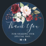 Romantic Watercolor Burgundy Red Navy Floral Classic Round Sticker<br><div class="desc">Elegant and modern romantic watercolor floral wedding thank you sticker features a bouquet of burgundy / Marsala , blush pink, peach watercolor roses with matching foliage on navy background. Perfect for a fall / midsummer wedding. Please find more matching designs and variations from my "blissweddingpaperie" store. And feel free to...</div>