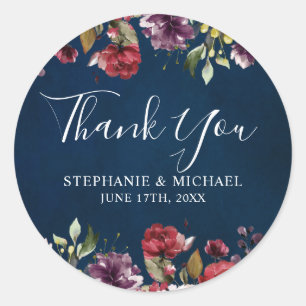 Romantic Watercolor Burgundy Red Navy Floral Classic Round Sticker
