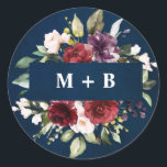 Romantic Watercolor Burgundy Red Navy Floral Classic Round Sticker<br><div class="desc">Elegant and modern romantic watercolor floral wedding invitation envelope seals features a bouquet of burgundy / marsala , blush pink, Navy blue Purple, peach watercolor roses with matching foliage. Perfect for a fall / midsummer wedding. Please find more matching designs and variations from my "blissweddingpaperie" store. And feel free to...</div>