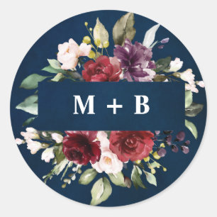 Romantic Watercolor Burgundy Red Navy Floral Classic Round Sticker