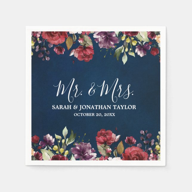 Romantic Watercolor Burgundy Red Navy Floral Napkin (Front)