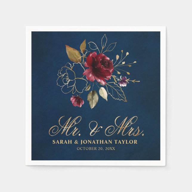Romantic Watercolor Burgundy Red Navy Floral Napkin (Front)