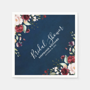 Romantic Watercolor Burgundy Red Navy Floral Napkin