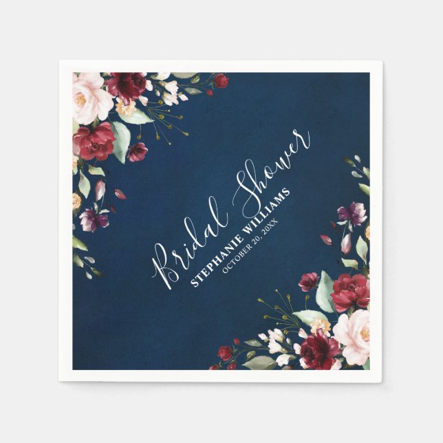Romantic Watercolor Burgundy Red Navy Floral Napkin (Front)