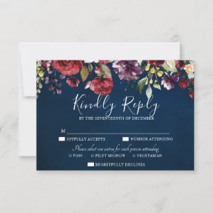 Romantic Watercolor Burgundy Red Navy Floral RSVP Card