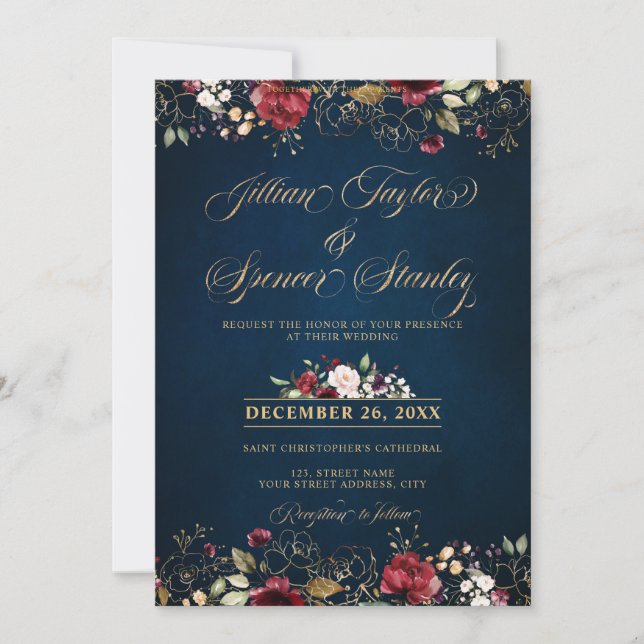 Romantic Watercolor Burgundy Red Navy Gold Floral Invitation (Front)