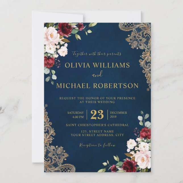 Romantic Watercolor Burgundy Red Navy Gold Floral Invitation (Front)