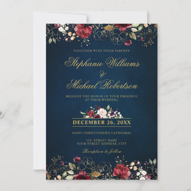Romantic Watercolor Burgundy Red Navy Gold Floral Invitation (Front)
