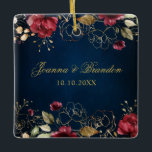 Romantic Watercolor Burgundy Red Navy Rose Floral Ceramic Ornament<br><div class="desc">Elegant and modern romantic watercolor floral wedding ornament features a bouquet of burgundy / marsala , blush pink, Purple, peach watercolor roses with matching foliage on navy blue background. Perfect for a fall / midsummer wedding. Please find more matching designs and variations from my "blissweddingpaperie" store. And feel free to...</div>