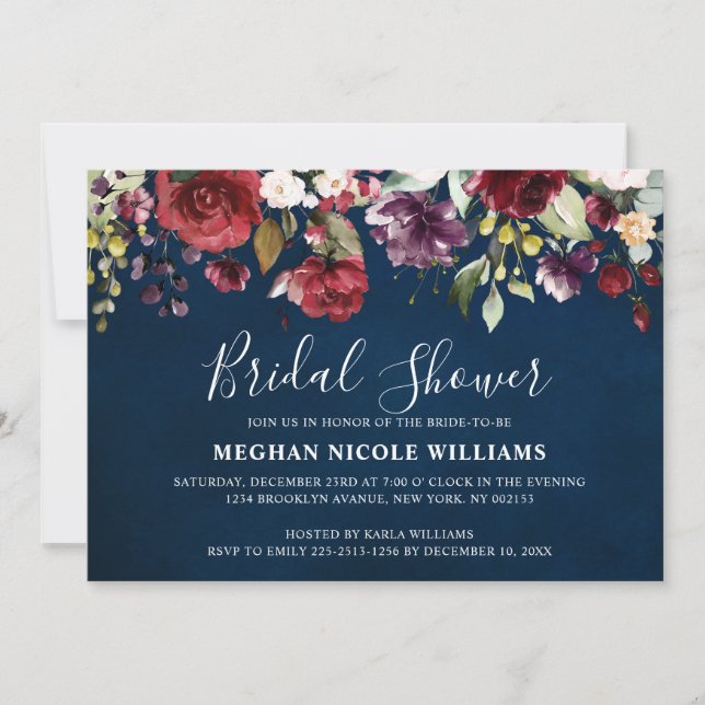 Romantic Watercolor Burgundy Red Navy Rose Floral Invitation (Front)