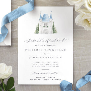 Romantic Watercolor Castle Weekend Wedding Save The Date