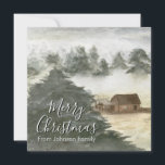 Romantic Watercolor Christmas Card with Cosy Winte<br><div class="desc">Celebrate the magic of Christmas with this original hand-painted watercolor design. Featuring a dreamy winter landscape with a rustic cabin surrounded by snowy trees, this card brings warmth, romance, and nostalgia to the holiday season. A unique piece of art that captures the cosy spirit of Christmas — personalise it with...</div>