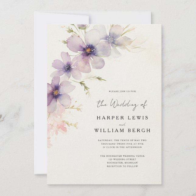 Romantic watercolor cosmos flowers qr code wedding invitation (Front)