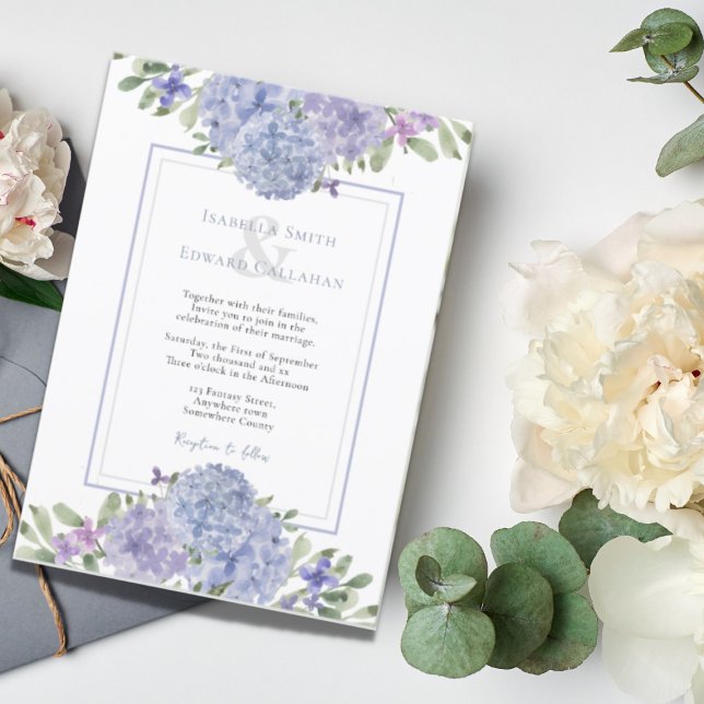 Romantic Watercolor Dusty Blue Hydrangeas Wedding Invitation (Creator Uploaded)