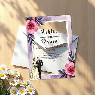 Romantic Watercolor Floral Bride And Groom Wedding Acrylic Invitations