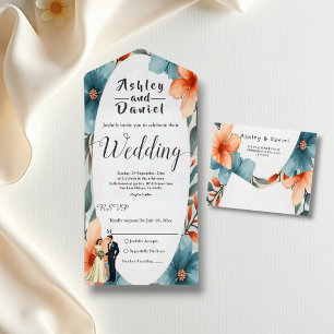 Romantic Watercolor Floral Bride And Groom Wedding All In One Invitation