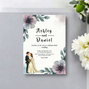 Romantic Watercolor Floral Bride And Groom Wedding Invitation