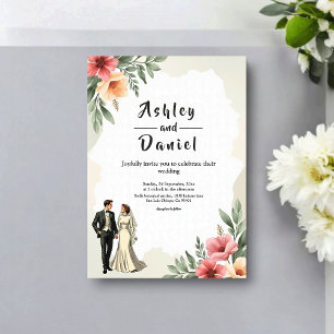 Romantic Watercolor Floral Bride And Groom Wedding Invitation