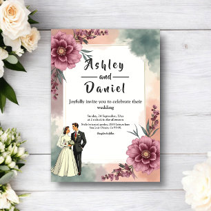 Romantic Watercolor Floral Bride And Groom Wedding Invitation