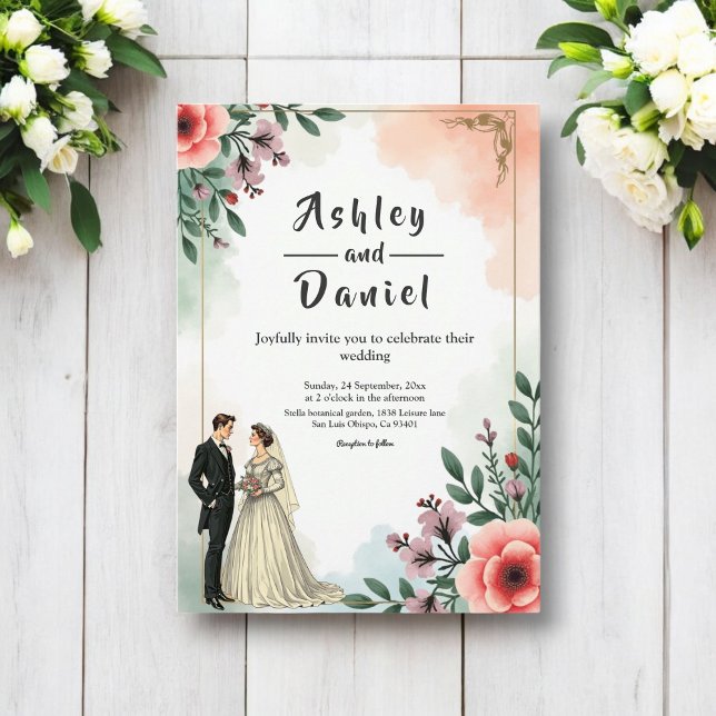Romantic Watercolor Floral Bride And Groom Wedding Invitation (Creator Uploaded)