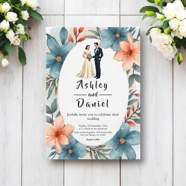 Romantic Watercolor Floral Bride And Groom Wedding Invitation (Creator Uploaded)