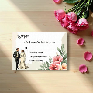 Romantic Watercolor Floral Bride And Groom Wedding RSVP Card