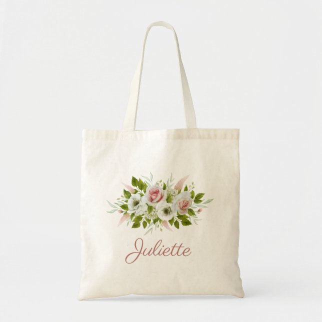 Romantic Watercolor Floral Bridesmaid Tote Bag (Front)
